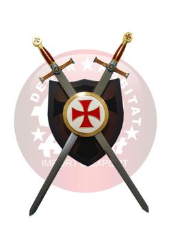 Panoplia escudo templario con espadas mango rojo Amont